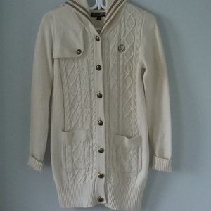 Beautiful long hooded cable knit cardigan sweater